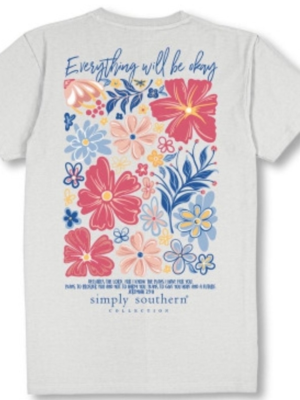 Simply Southern White Tee with Pink, Blue & Yellow Floral Back Graphic